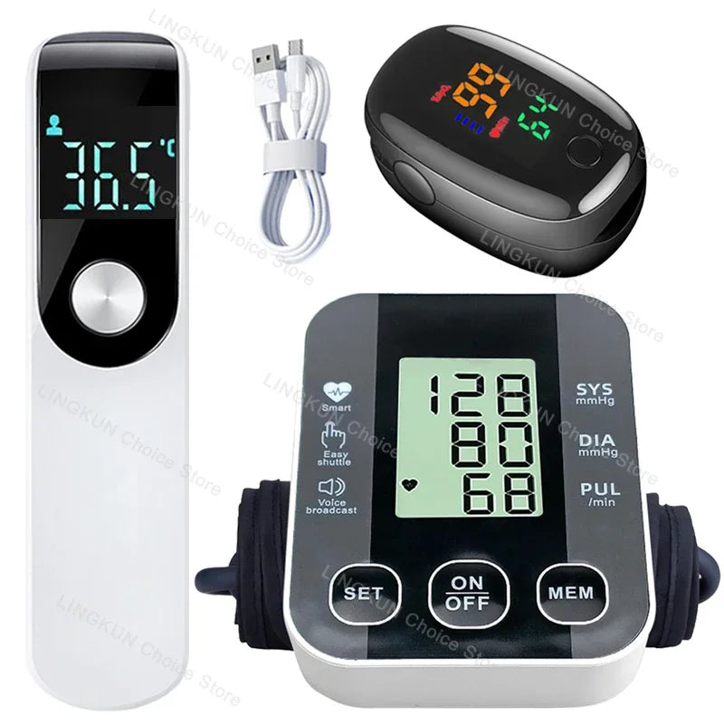 Medical Arm Blood Pressure Meter Tensiometers Tonometer Cuff Fever Thermometer Oximeter Heart Rate 3 IN 1 Set