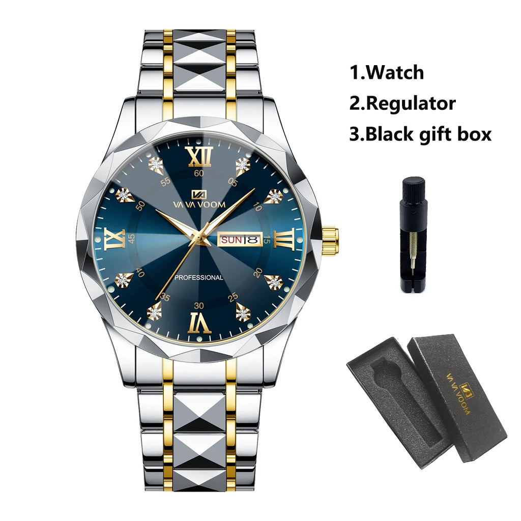 Stainless Steel Watch Men Dual Tone Strap 41mm Blue Rhinestone Dial Quartz Business Clock Suitable Dinners Dates Formal Watches