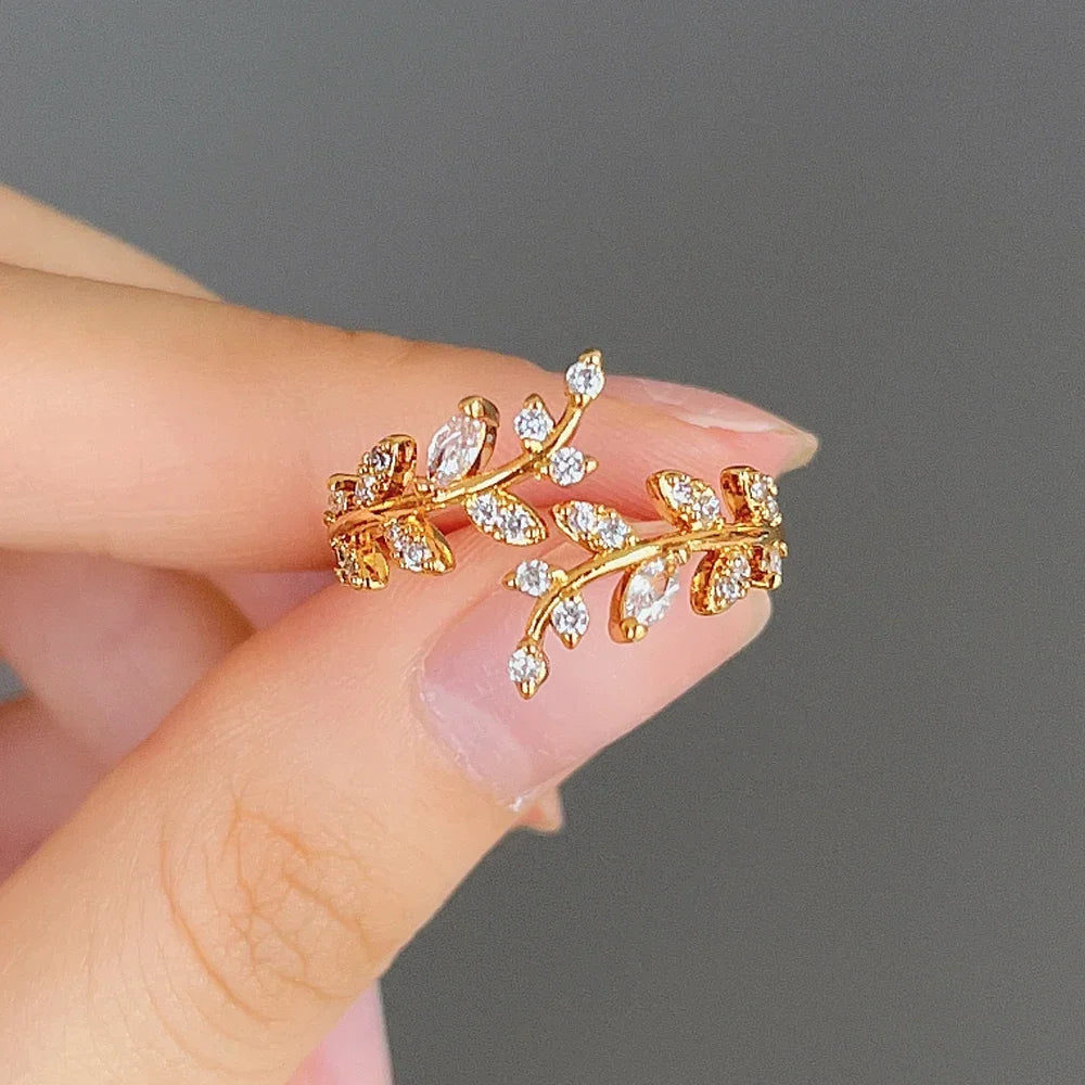 Korean Leaf Design Opening Rings For Women Sparkling Cubic Zirconia CZ Adjustable Ring Party Daily Wear Fashion Jewelry Gift