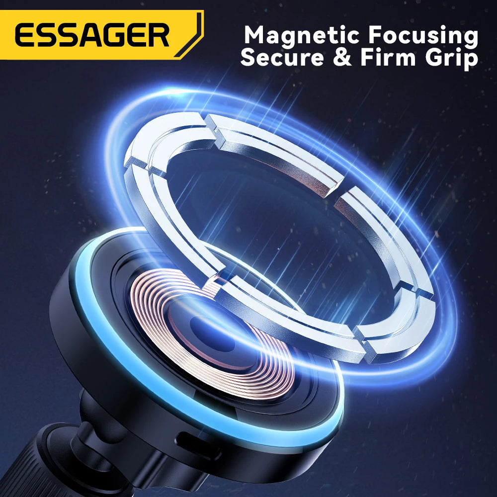 Essager Magnetic Car Phone Holder 15W Wireless Charger Stand For iPhone 17 16 15 14 Max Car Mount Charger for Magsafe LED Light