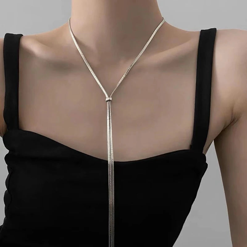Heart O-ring Slip Chain For Women Punk Rock Necklace Stainless Steel Cuban Long Necklace Trendy Simple Adjustable Y-Necklace