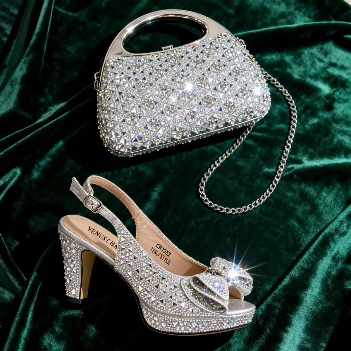 Chic Green Rhinestone Peep-Toe High Heel Sandals and Elegant Matching Bag Set for Women's Parties and Weddings - Italian Design