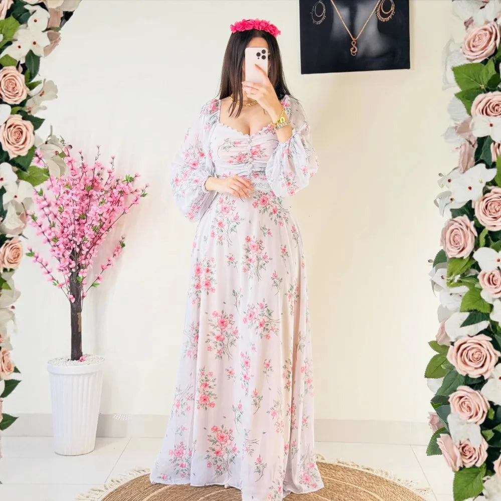 2025 Spring/Summer New Women's Clothing Middle East Chiffon Printed Lace Lace Dress Long Sleeve Bubble Sleeve and Ankle