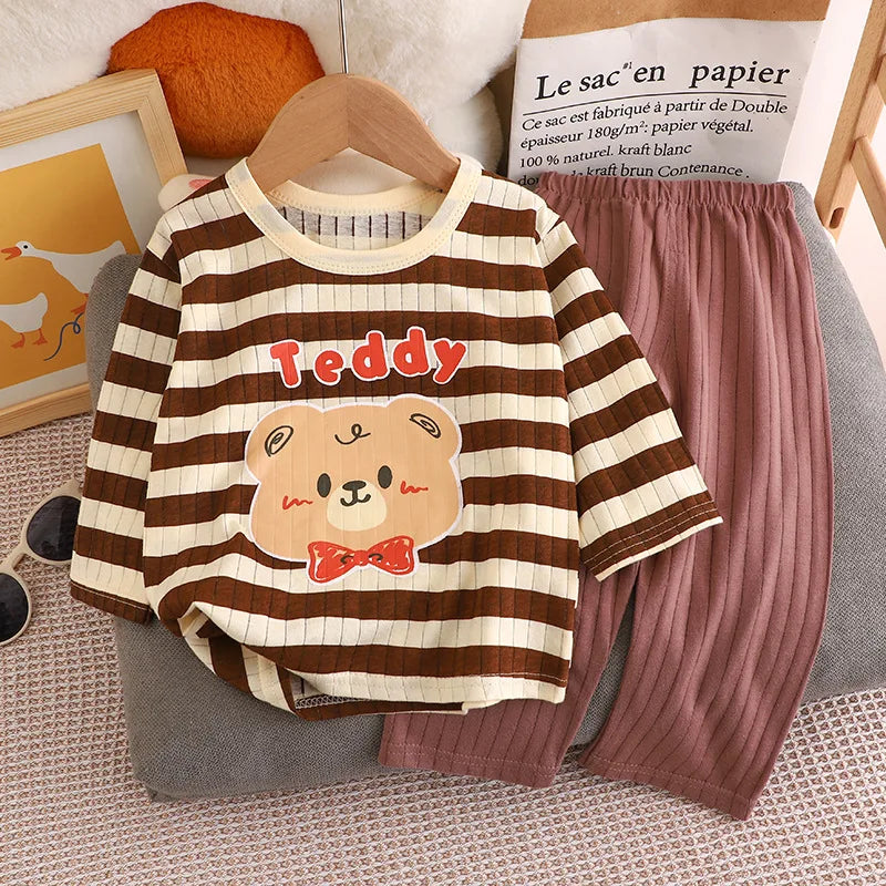 Cute Bear Print Baby Clothing Set Children Long Sleeve+ Pants Two Pieces Suit Kids Cotton Pullover Top Tee Girl Boy Casual