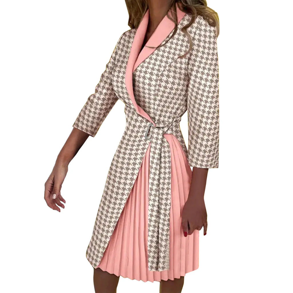 Autumn Fashion Women Patchwork Pleated Blazer Dress Elegant 3/4 Sleeve Lapel Lace-Up Dress Elegant Office Lady Slim Party Dress