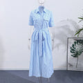 Elegant Women's Striped Long Dress Summer Lace Up Turn-Down Collar Single-breasted Blue A-line Dresses 2026 Lady Holiday Robes