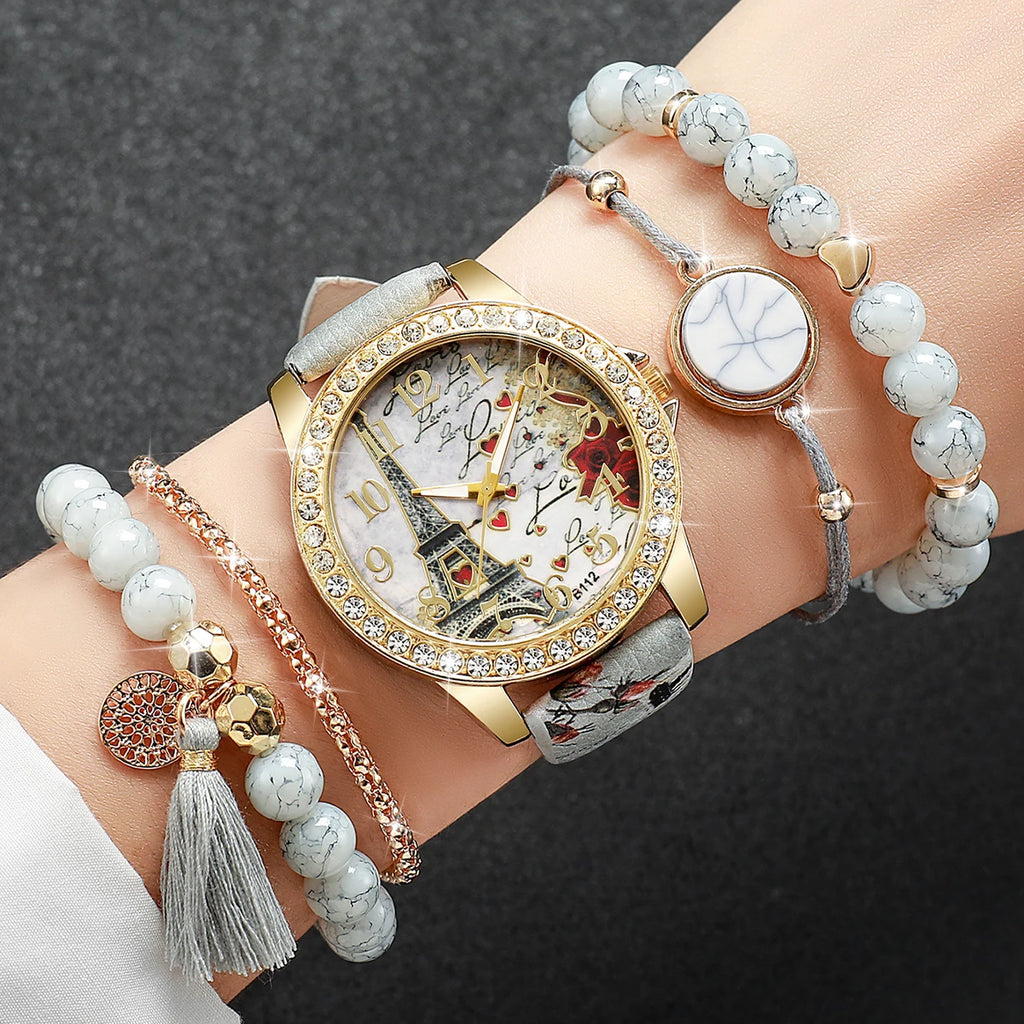 2/3/4/5PCS Fashion Rhinestone Women's Watch Flowers Printed Leather Band Female Quartz Watches Bracelets Set（Without Box）