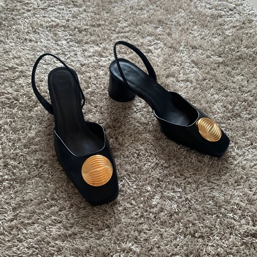 Green High Heels For Women 2024 Fashion Squared Toe Leather Slingbacks Pumps Elegant Lady Heeled Shoes Autumn Luxury Heels