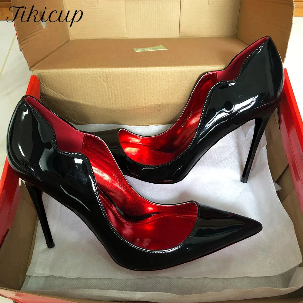 Tikicup Elegant Fashion Curl Cut Women Pointy Toe 12cm High Heel Shoes Sexy Glossy Black V Cut Party Celebrity Stiletto Pumps