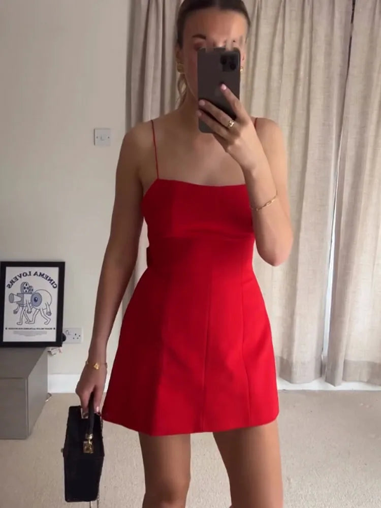 HH Woman New Fashion Back Bow Decoration Zipper Solid Sling Dress Summer Women Sexy Sleeveless Backless Party Mini Dress