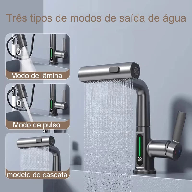 Intelligent Digital Display Pull Out Kitchen Faucet Cold Hot Mixer Taps Rotatable Sink Lifting Basin Faucet