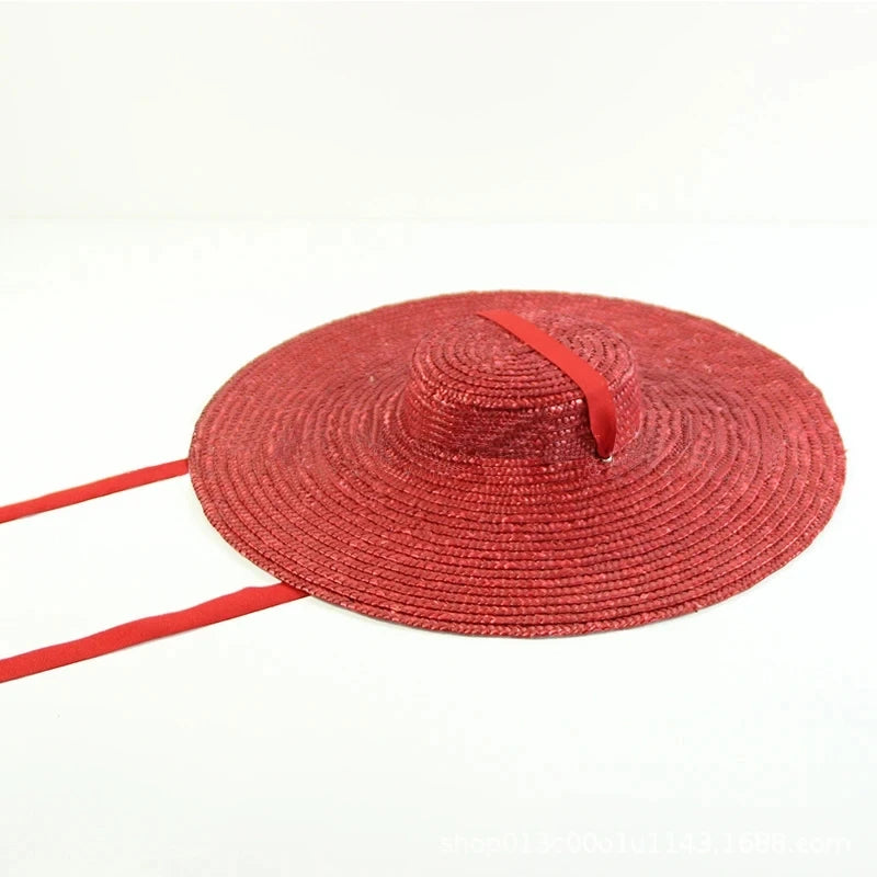 15cm Wide Brim Straw Hat Flat Top Summer Beach Hats for Women Ribbon Boater Hat Sun Hat Gray Black Red Pink Blue With Chin Strap