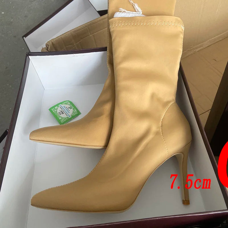 Women 7.5cm 10cm High Heels Silk Sock Boots Green Low Heels Short Ankle Boots Lady Stripper Winter Pointed Toe Satin Sexy Shoes