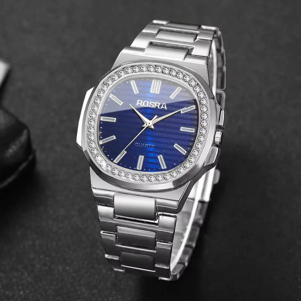 Fashion Square Men Business Watches Luxury Rhinestone Steel Band Male's Quartz Wristwatch Reloj Hombre（Without Box）