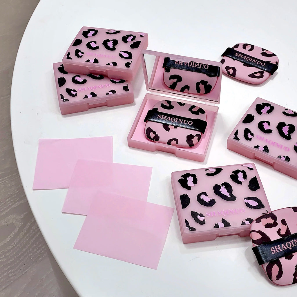 100 Sheets Pink Leopard Print Facial Oil Absorbing Paper Portable Storage Box with Mirror Beauty Tool