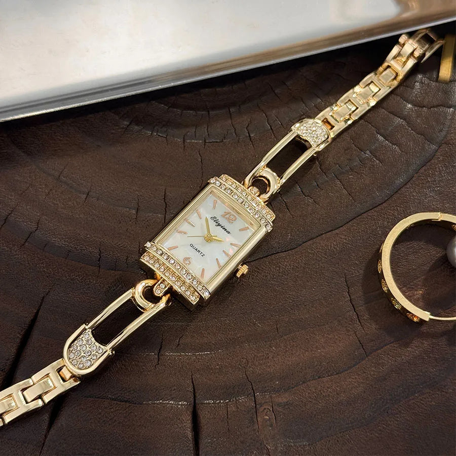 Ladies Fashion Quartz Watch with Diamond-Encrusted Pin Buckle Rectangular Case Popular Cross-Border Sale Elegant Timepiece
