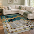 Large Indoor Area Rug, Soft Velvet Low Pile with Non-Slip Dotted Backing, Machine Washable, Teal Gold Marble Abstract Modern Floor Rug for Living Room Bedroom Entryway Home Decor