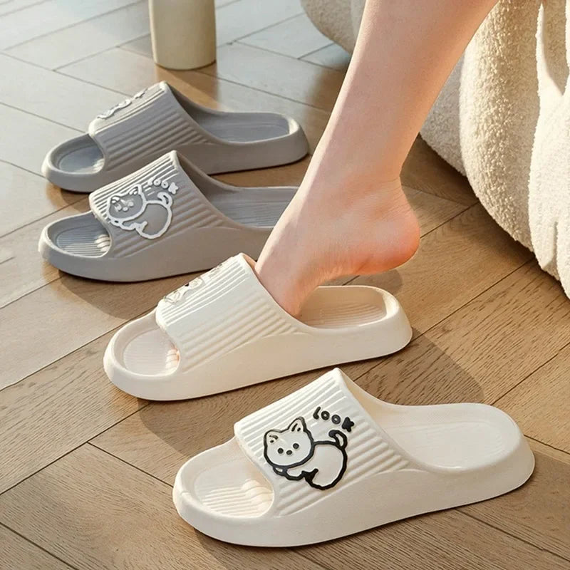 Women Slippers Bath Thick Platform Non-Slip Home Cat Cartoon Flip Flops 2023 Summer Beach Sandals Ladies Slides Indoor Shoes