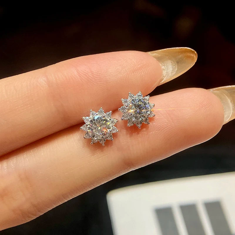 DiamondWorld Sparkling 0.5CT Moissanite Diamond Halo Sun Flower Stud Earrings for Women 925 Sterling Silver Party Fine Jewelry