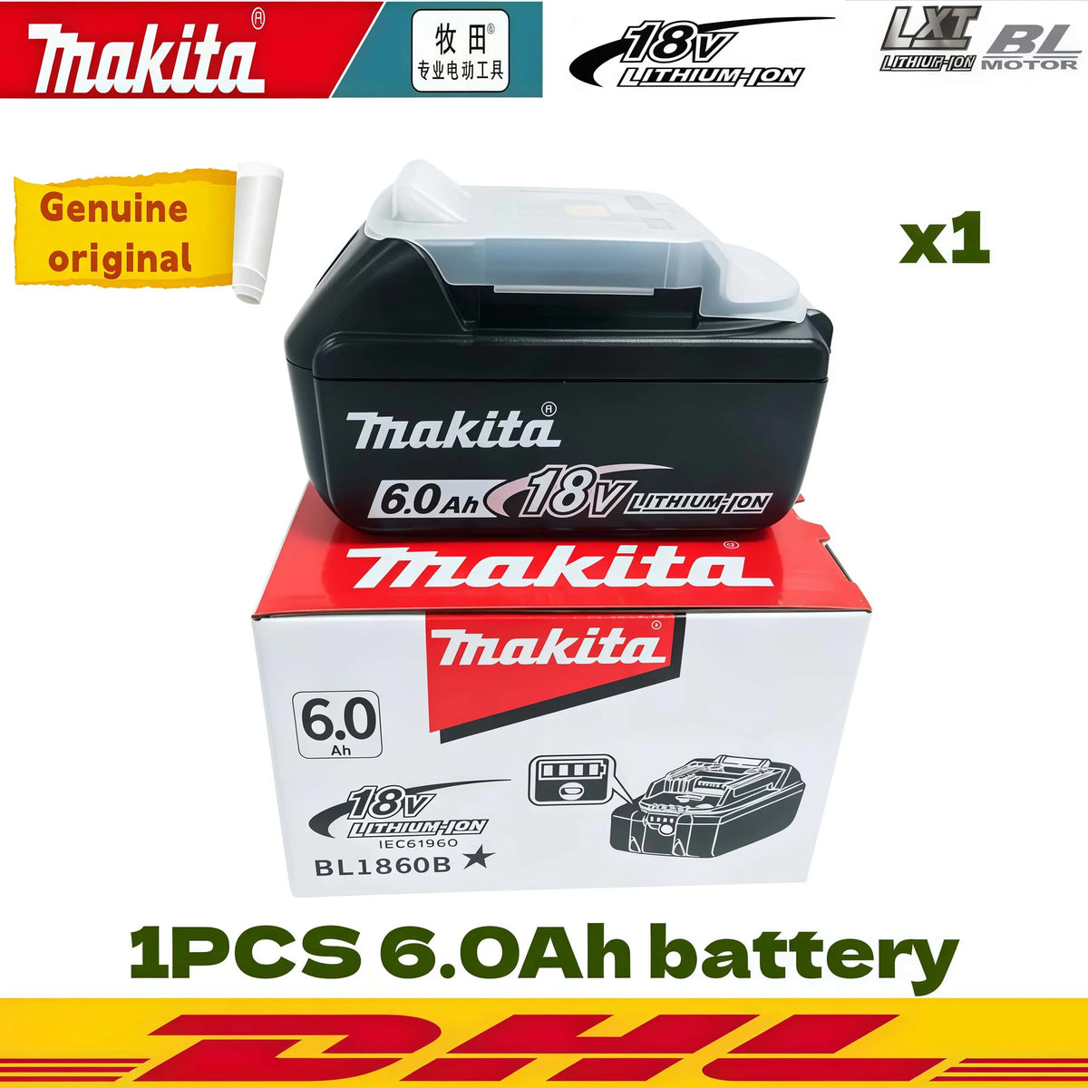 100% Genuine Original Makita 6.0Ah 18V Rechargeable Battery, BL1860B Makita 18V Battery BL1850 BL1840 BL1860 Replacement Lithium