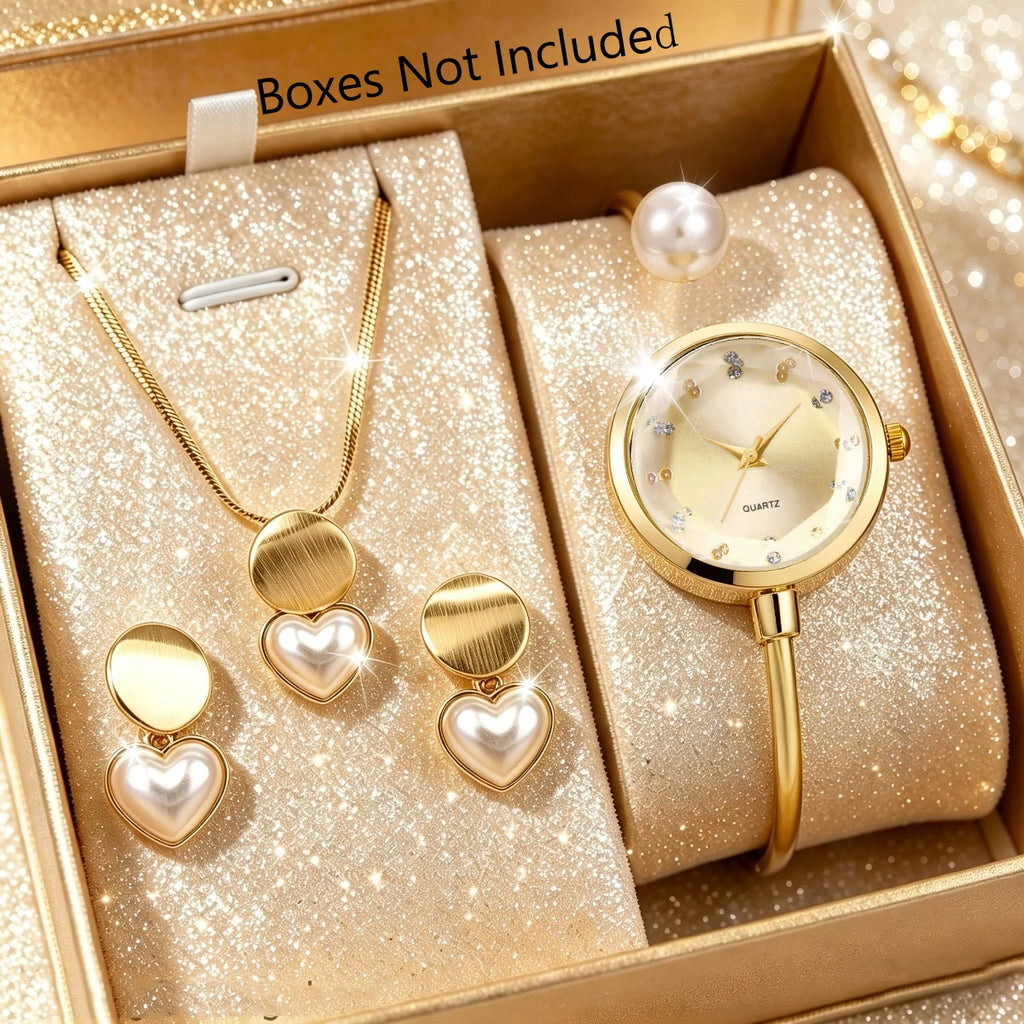 4pcs Elegant Pearls Women Watch Jewelry Set Fashion Opening-cuff Bangle Ladies Quartz Wristwatches Relogio Feminino（Without Box）