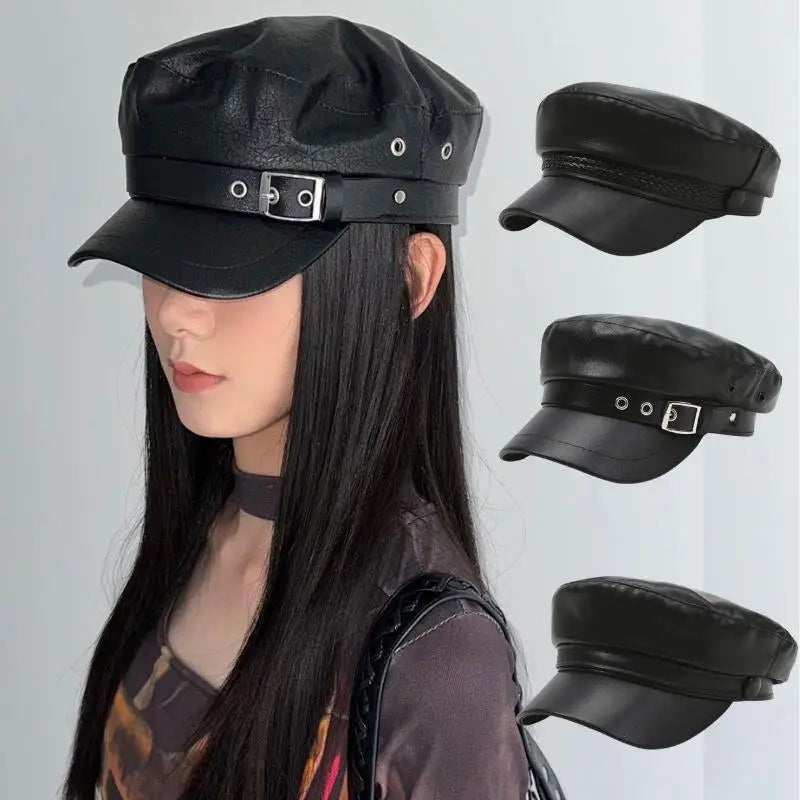New PU Leather Beret Hat Autumn And Winter Versatile Beret Retro Flat Top Visor Adjustable Black Painter Hat Octagonal Cap