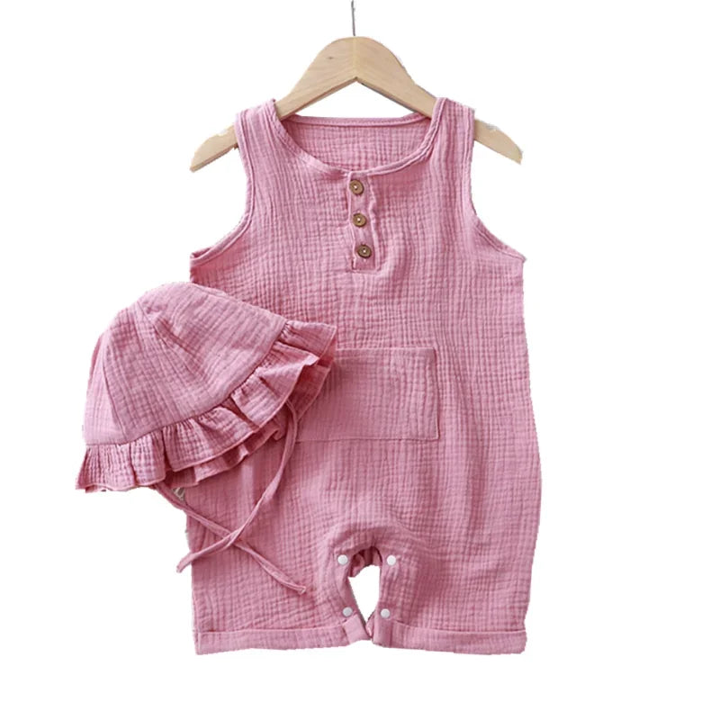 2Pcs/Set Baby Summer Clothing Solid Newborn Infant Romper With Hat Muslin Cotton Sleeveless Baby Boys Girls Jumpsuit Outfits