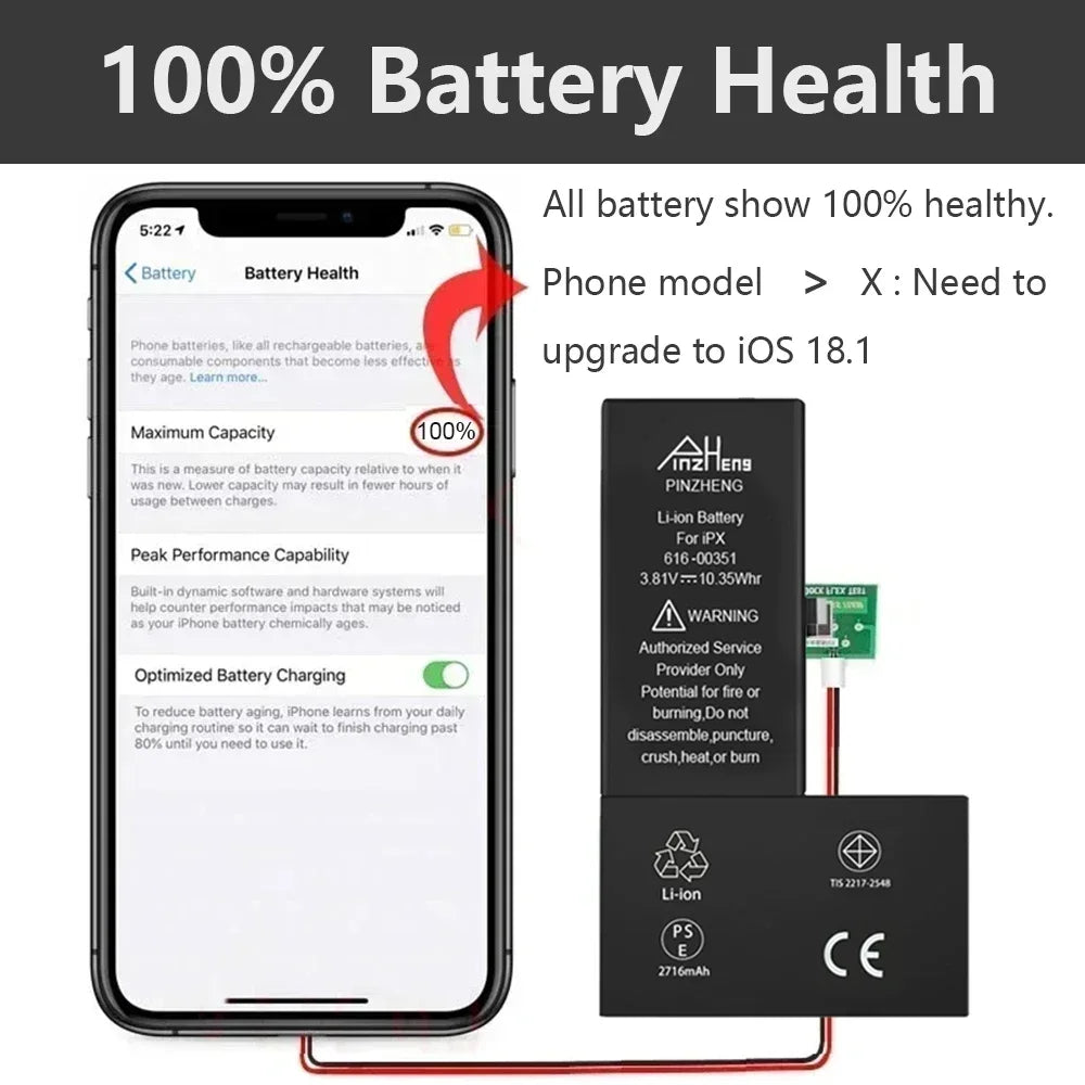 PINZHENG Real High Capacity Battery For iPhone 8 SE2020 6 6S 7 8Plus X Xs Max Xr Phone Replacement Batteries Warranty One Year