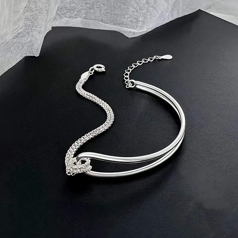 925 Sterling Silver Double Layer Bracelet for Womem Girls Irregular Knot Bangles New Simple Design Fashion Party Jewelry Gifts