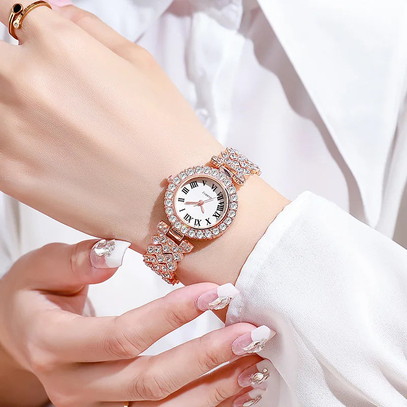 5PCS Luxury Rhinestone Women's Watch Jewelry Set Roman Quartz Wristwatch with Necklace Earrings Ring Reloj Mujer（Without Box）