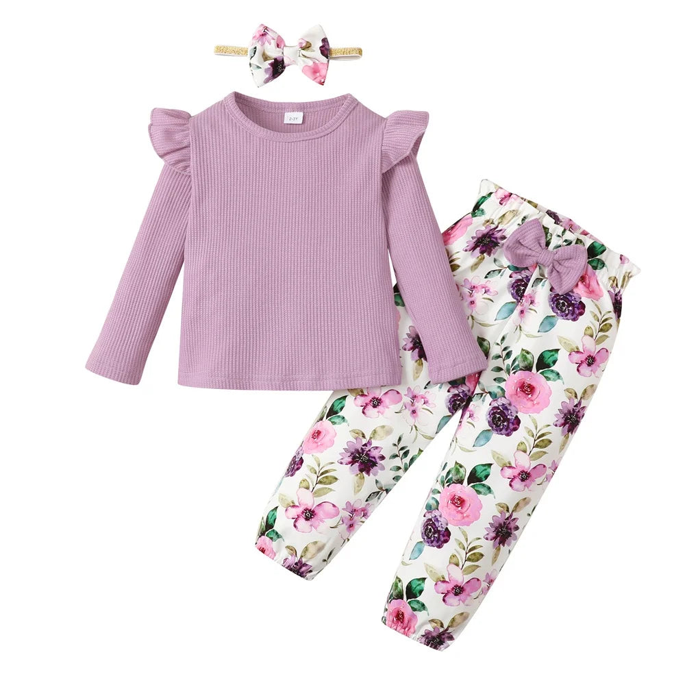 1-5Years Kids Girl Long Sleeve Clothes Set Solid Color Ribbed Shirt+Floral Pants+Headband Autumn 3PCS Outfit for Toddler Girl