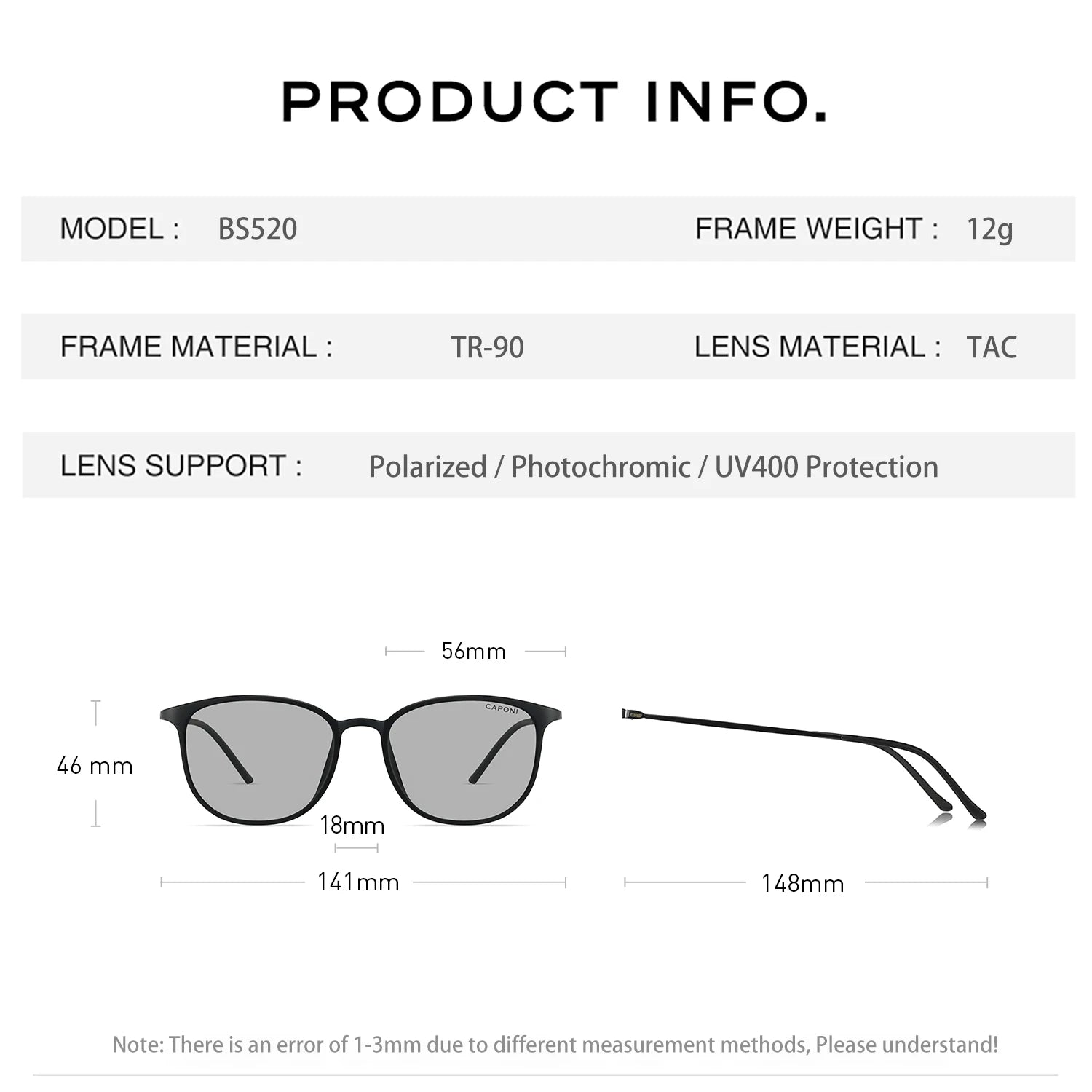 CAPONI Oval Men's Sunglasses Photochromic Polarized Sun Glasses For Men Protect UV Ray Super Light Driving Black Glasses BS520