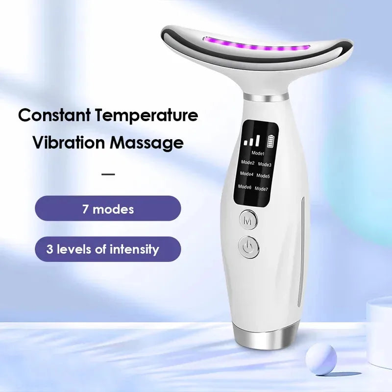 Portable 7 Colors LED Light Therapy Face Neck Massager 3 Gears Adjustable Gentle Vibration Anti Wrinkle Skin Tightening Lifting