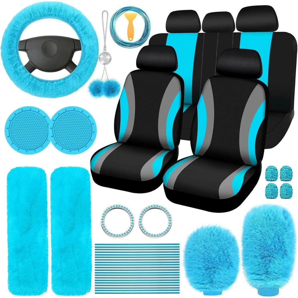 Fluffy Cute Women Car Accessories Set 45pcs Blue Steering Wheel Cover Seat Belt Handbrake Gear Shift Covers Great Gift