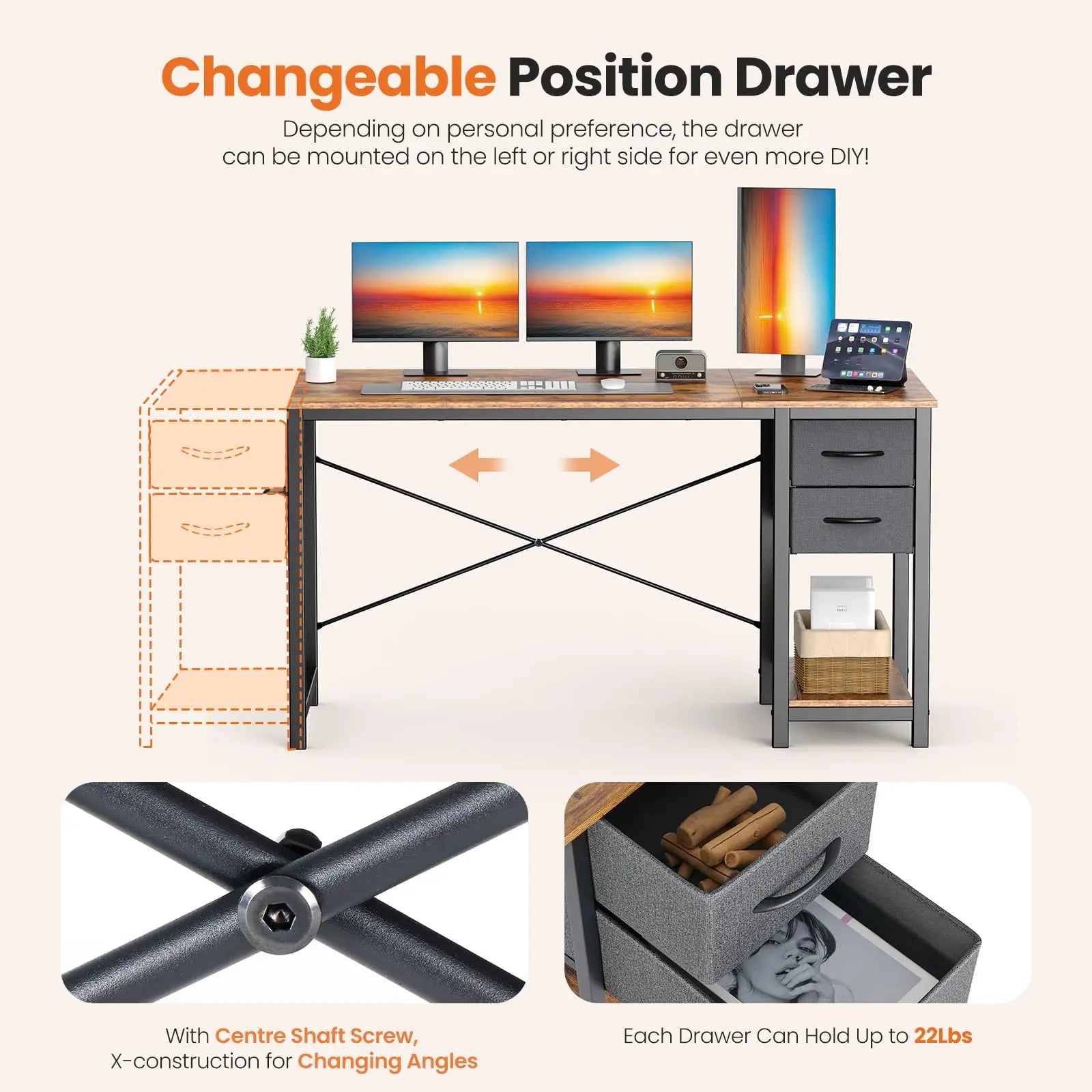 JHK 47IN Computer Desk with 2 Drawers For Study Office Gaming Wood Table with Adjustable Position Drawers Modern Work Table