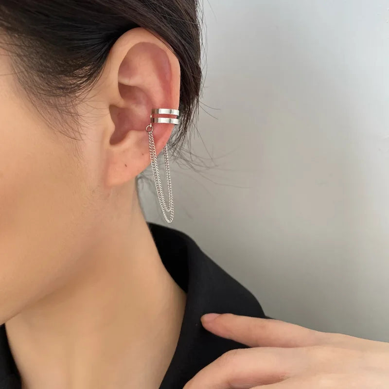 Silver Color Crystal Tassel Non-Piercing Cuff Ear Clip Earring For Women Shiny Rhinestone Chain Fake Cartilage Piercing Jewelry