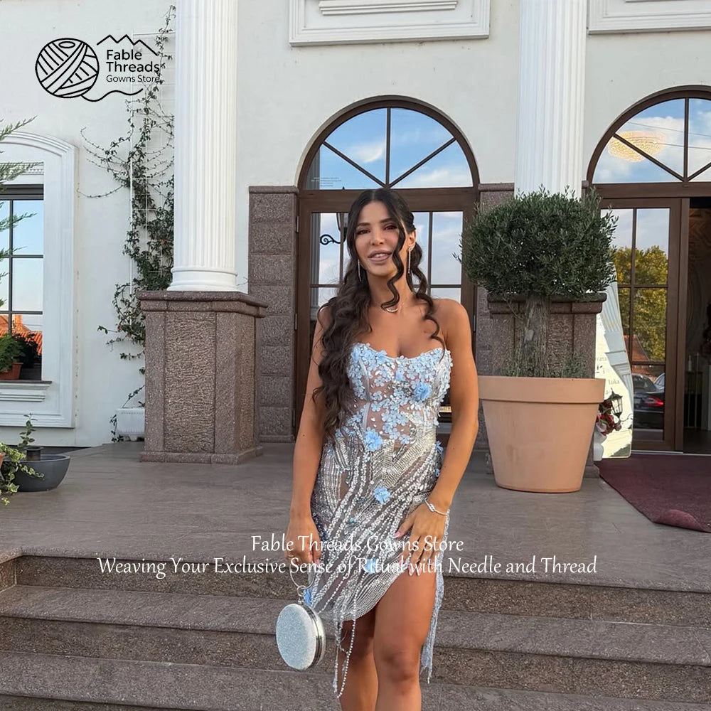 FableT Strapless 3D Floral Evening Dress Sky Blue Luxury Crystal Wedding Party Gown Custom Sexy Elegant High Slit Cocktail Gown