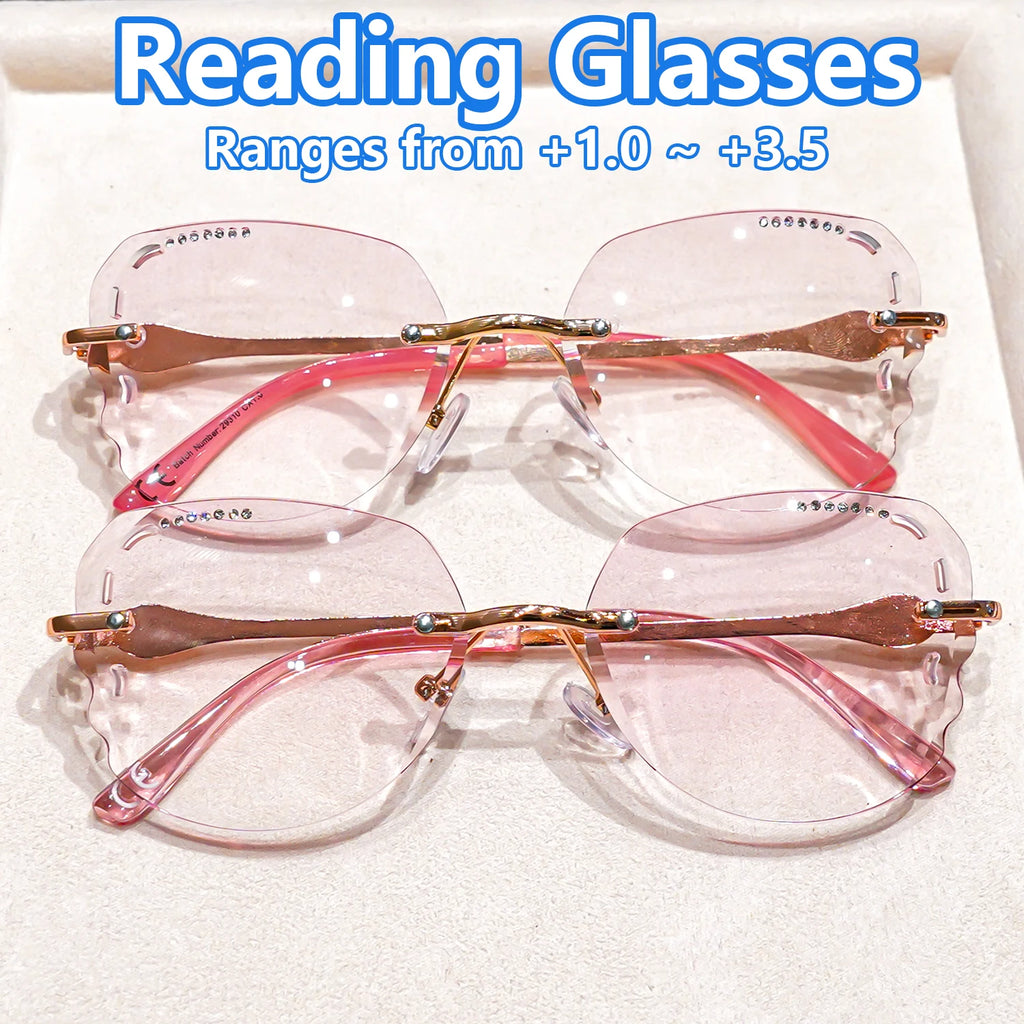 Rimless Reading Glasses Rhinestone Sparkling Eyewear Fashionable Elegant Eyeglasses Metal Frame with PC Lens Irregular Glasses