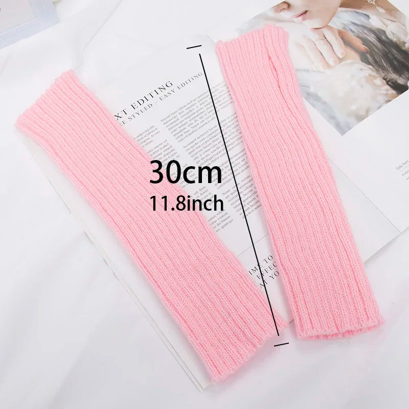 Female Y2K Fashion Arm Warmers Soft Knitted Gloves Women Girl Half Finger Mittens Solid Color Winter Arm Sleeves