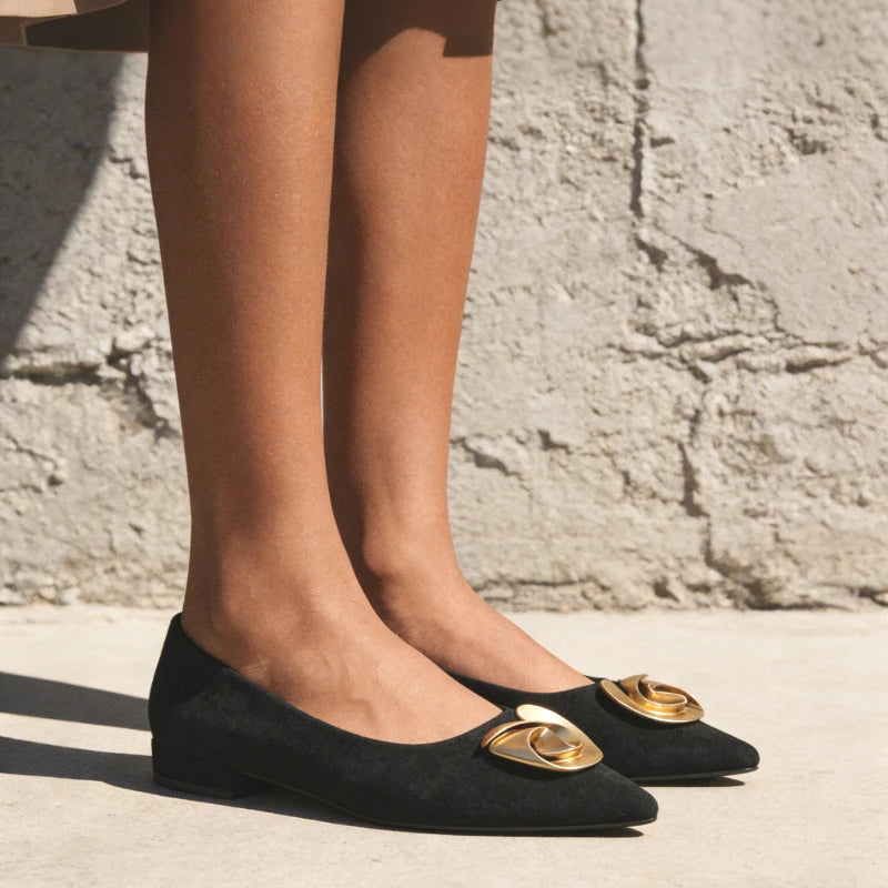 Pointed Toe Summer Women Flats Elegant Metal Flower 2025 Trend Black Luxury Female Dress Shoes Solid Work Office Footwear