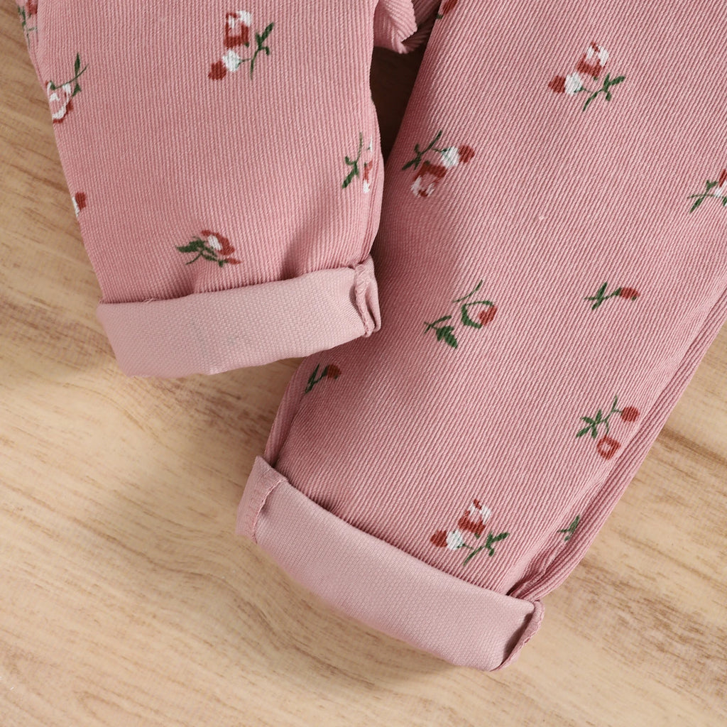Pudcoco 2 Pieces Kids Suit Set, Solid Color O-Neck Long Sleeve Tops+ Floral Print Suspender Trousers for Girls, 6 Months-4 Years