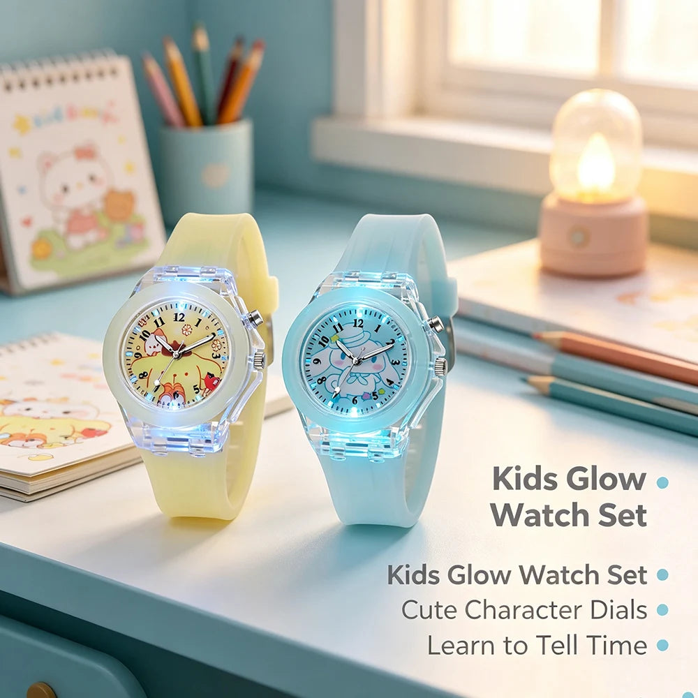 Cute Cartoon Pink Melody Style Kids Watches with Light-Up Silicone Strap Purple Black Kuromi Girls Watch Child Quartz Clock Gift