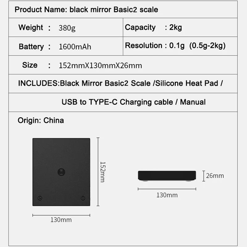 TIMEMORE Basic 2 Black Mirror Pour Over Coffee Scale Flow Rate Display Auto Timer Digit Kitchen Food Scale Espresso 0.1g/2kg