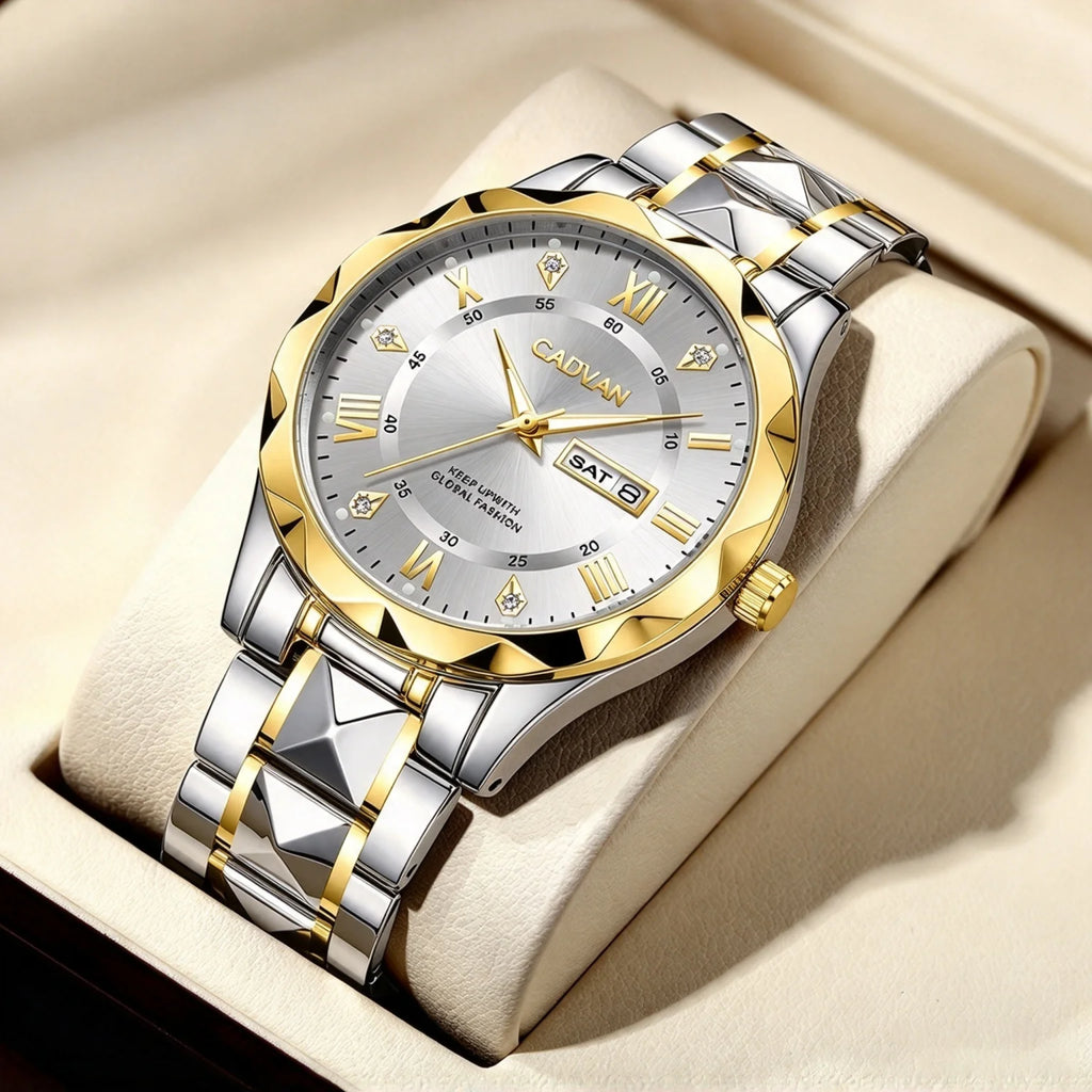 CADVAN Men's Luxury Steel Strap Watch, Electronic Movement, Casual Business Minimalist Style, Men's Watch Gift - Boxed