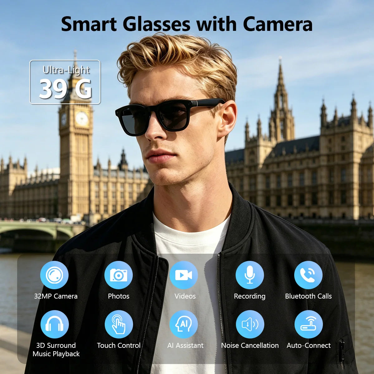Hganus New Upgraded 800W AI Smart Glasses with Camera 3600mAh Battery Case Smart Translation Glasses Photo Video Recording Sunglasses ChatGpt App Phone WIFI 4 BT 5.3