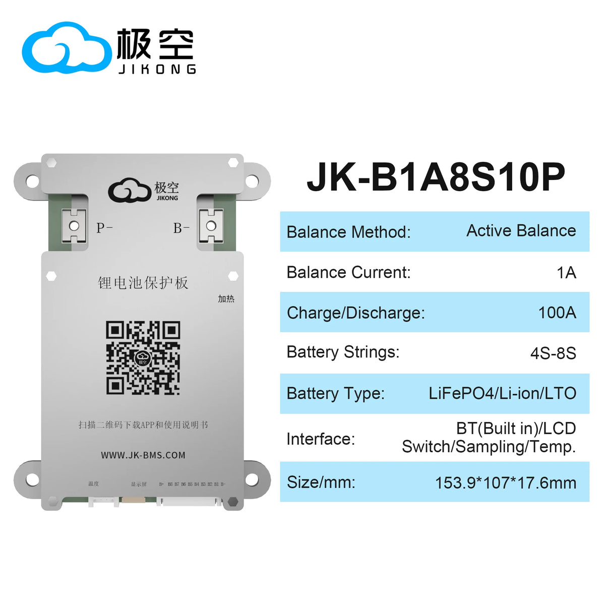JIKONG JK BMS B1A8S10P BMS HEAT CANBUS RS485 4S 5S 6S 7S 8S 12V 24V BATTERY WITH 1A ACTIVE BALANCE bms lifepo4 Li-ion LTO 18650