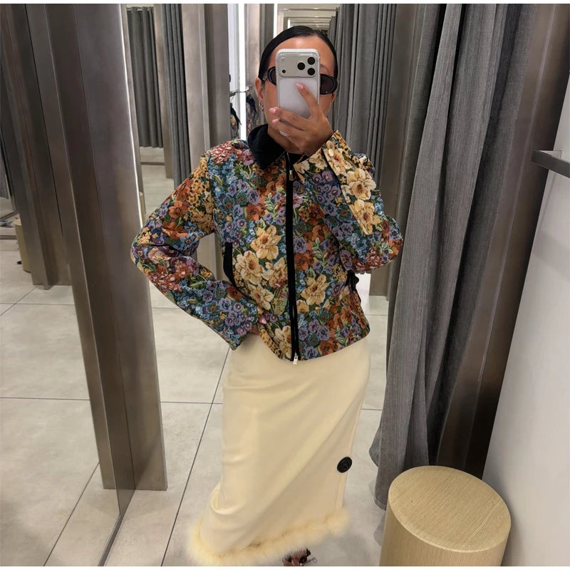 Women Vintage Floral Long Sleeve 2 Piece Set Elegant Stand Neck Cropped Jacket High Waist  Mini Skirt 2026 Daily Commute Outfit