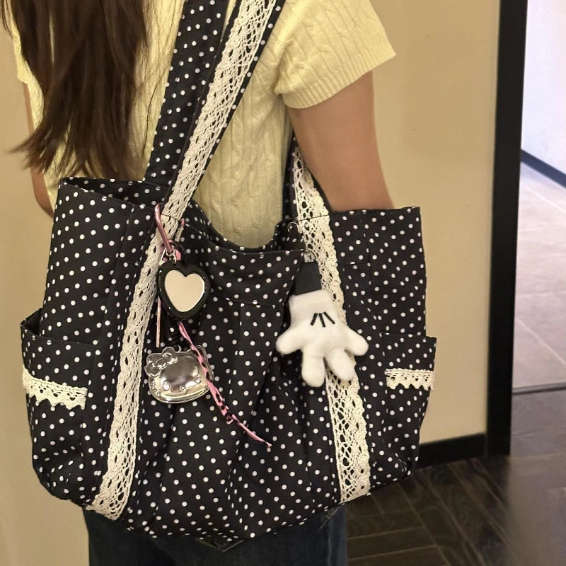 Women Niche Sweet Lace Shoulder Bag Korean Style Vintage Polka Dot Canvas Handbag Large Capacity Multi Pocket Commuting Tote Bag