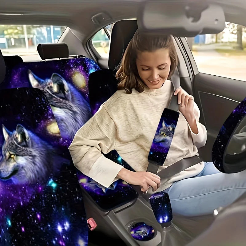 Complete Set of Galaxy Wolf Head Design for Car Interiors, Including Seat Covers, Floor Mats, Steering Wheel Cover, And Armrest