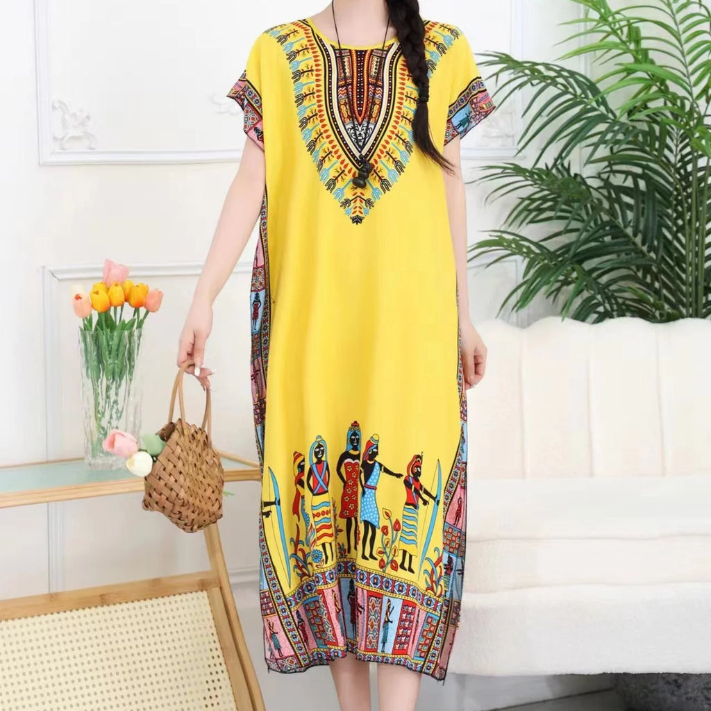 2025 Summer New Casual Elegant Retro Bohemian Style V-neck Elastic Waist Large Swing Printed Long Skirt Autumn Summer Dress
